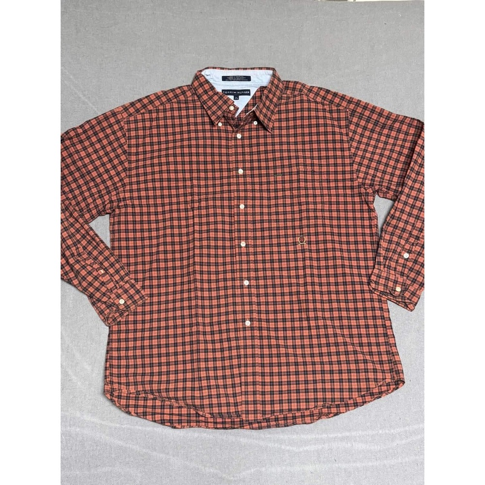 Tommy Hilfiger Mens XL Long Sleeve Plaid Button Down Shirt Orange Black Cotton